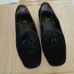 Stuart Weitzman Black Suede Leather Perforated Slip On Tassel Loafers Size 7B
